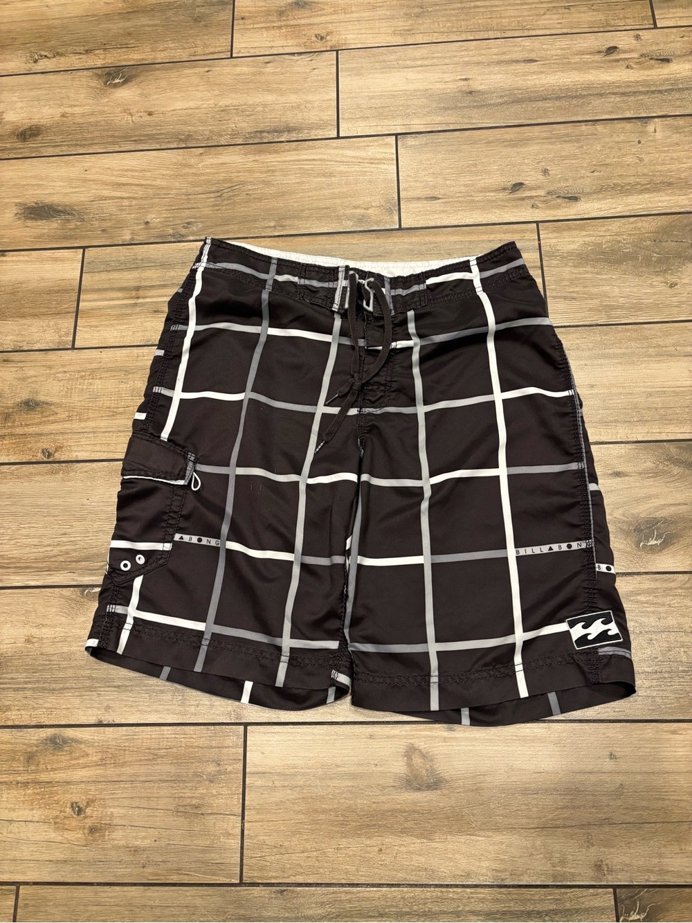 Vintage Billabong Plaid Grid Board Shorts Swim Trunks Black White Mens 34